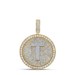 10k Two-tone Gold Round Diamond T Letter Circle Charm Pendant 3-7/8 Cttw 164848