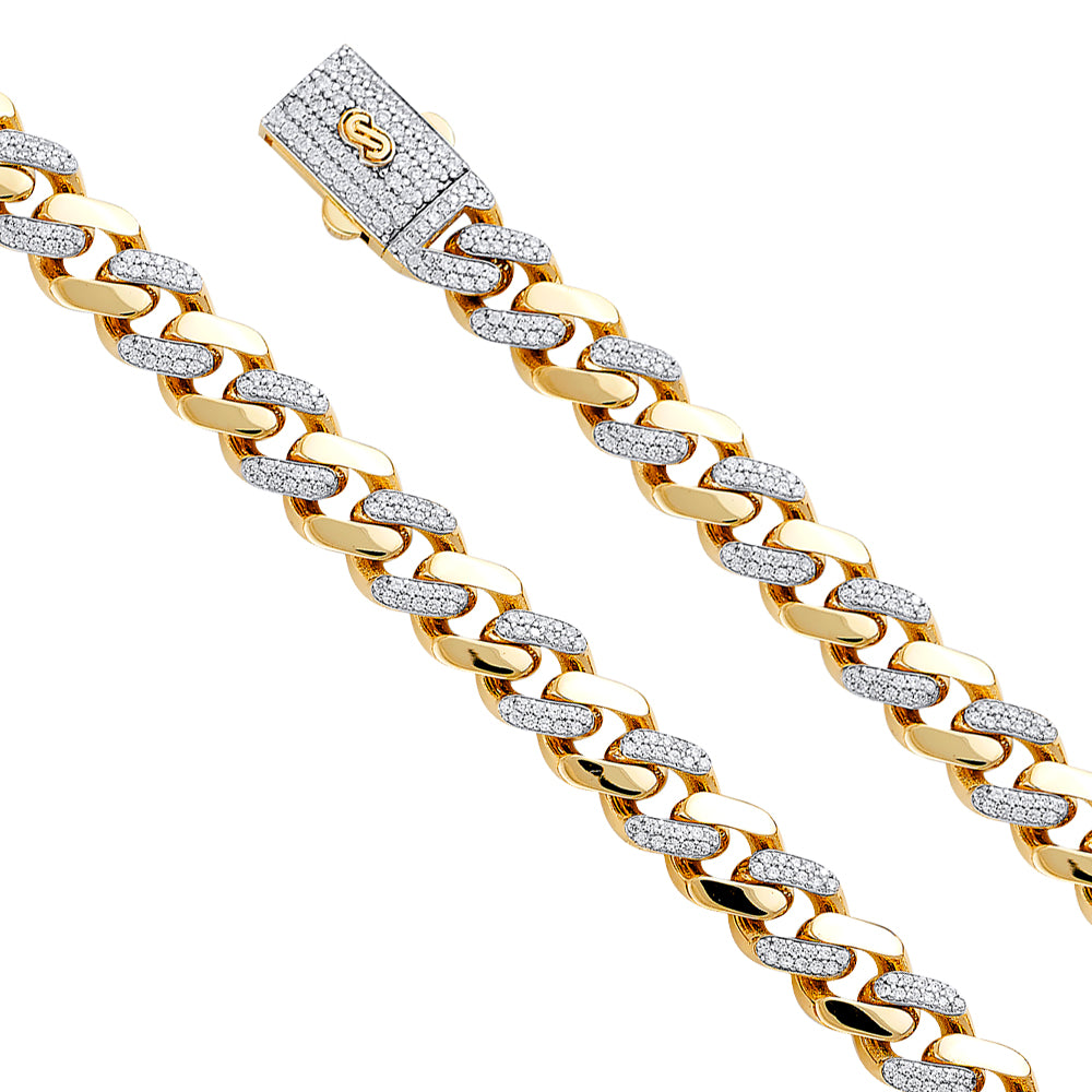 14K Yellow Gold 9.5mm Hollow Cuban CZ Monaco Bracelet with CZ Lock
