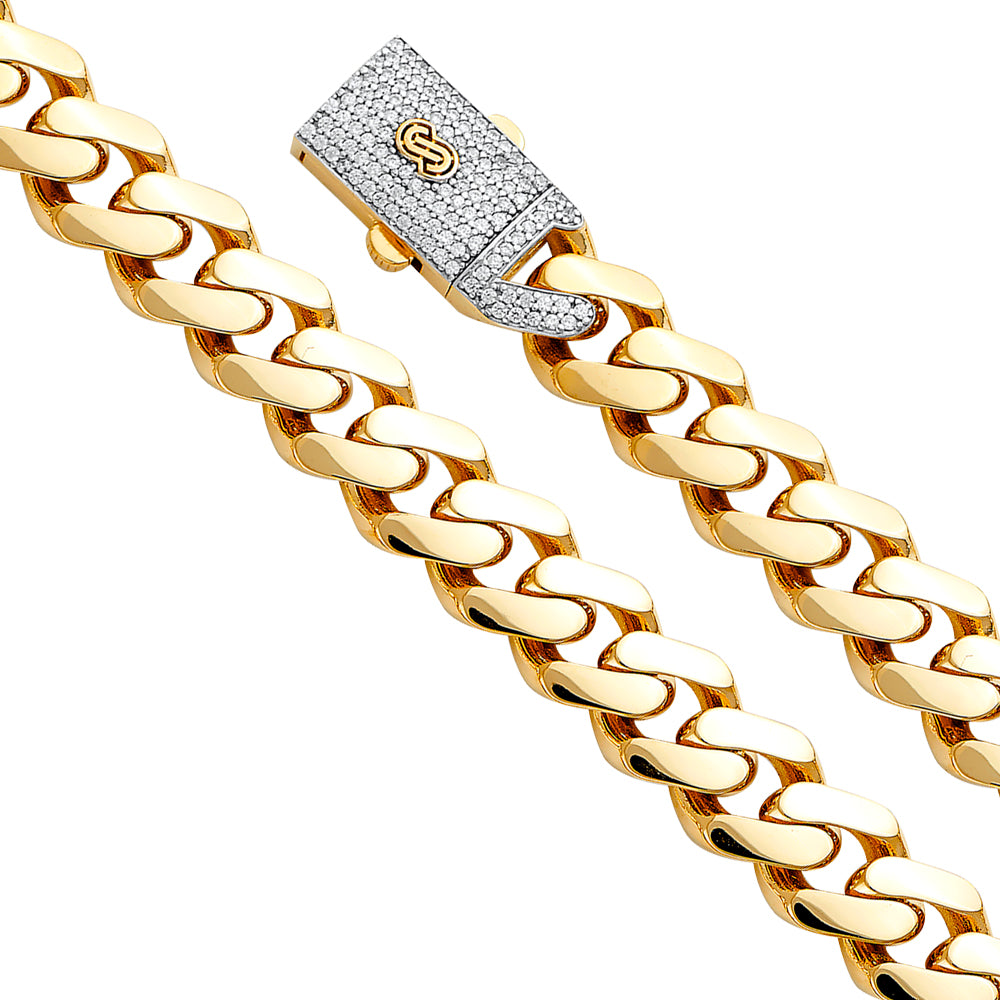 14K Yellow Gold 13.5mm Hollow Cuban Monaco Bracelet with CZ Lock