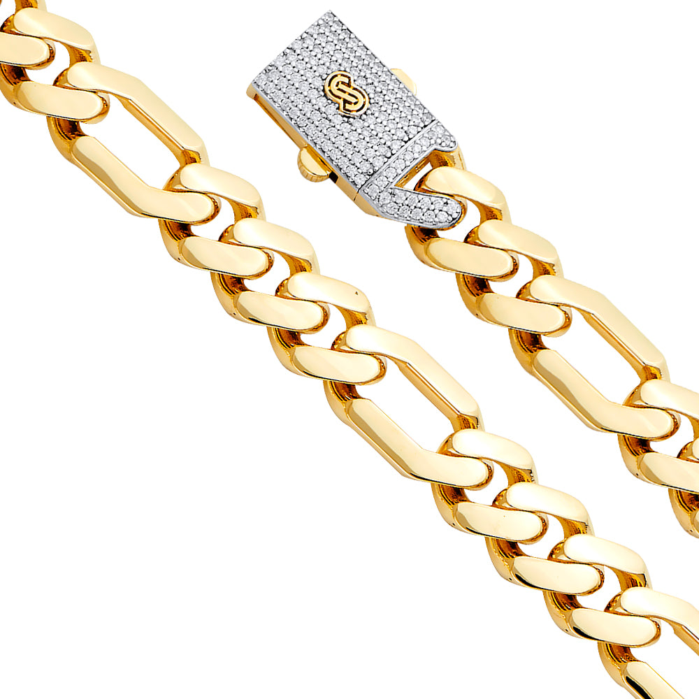 14K Yellow Gold 13.5mm Hollow Figaro Monaco Bracelet with CZ Lock