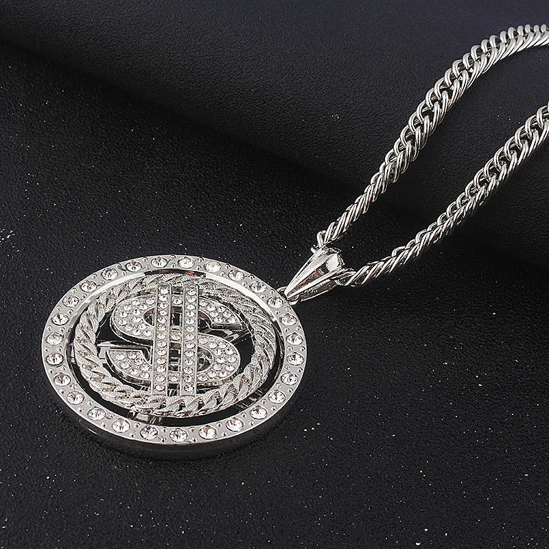 Big Rotatable US Dollar Money Sign Pendant Necklace