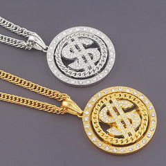 Big Rotatable US Dollar Money Sign Pendant Necklace