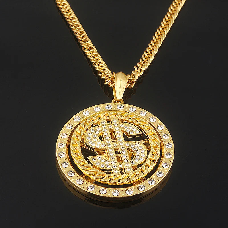 Big Rotatable US Dollar Money Sign Pendant Necklace