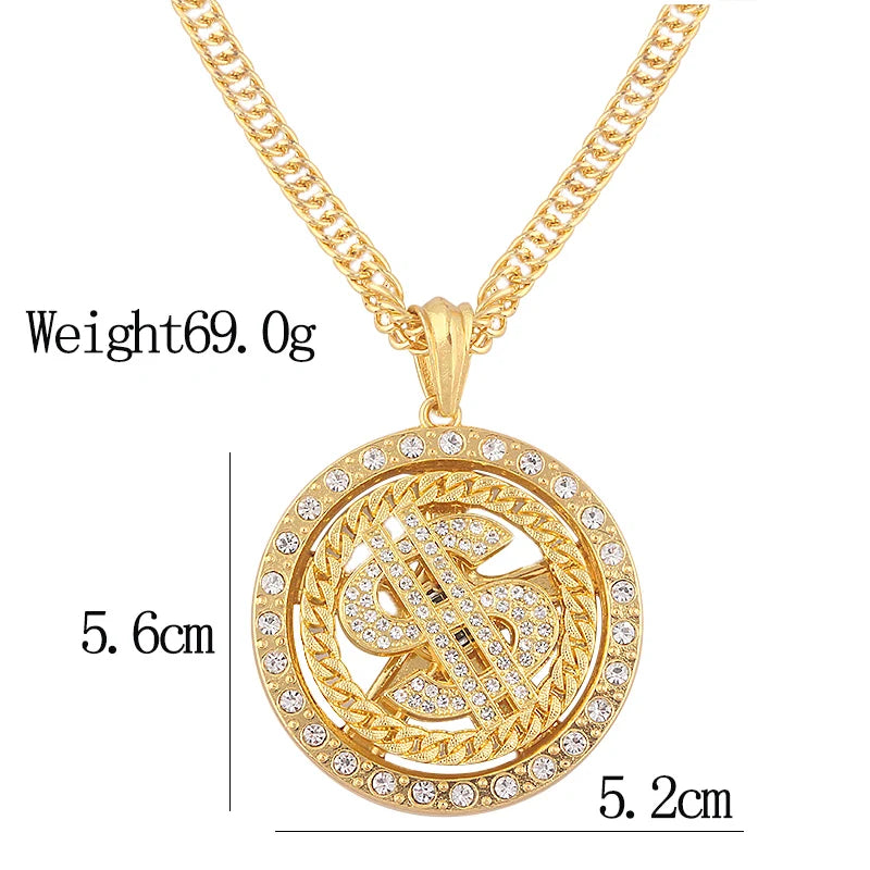 Big Rotatable US Dollar Money Sign Pendant Necklace