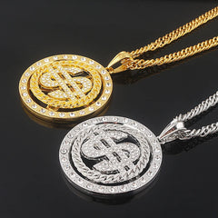 Big Rotatable US Dollar Money Sign Pendant Necklace