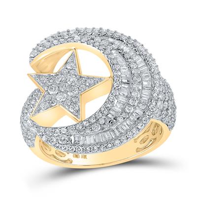 10k Yellow Gold Baguette Diamond Crescent Moon Star Ring 2-1/3 Cttw