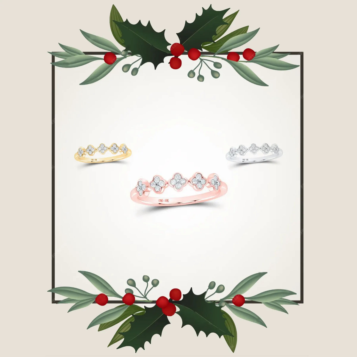 10k Yellow Gold Round Diamond Clover Stackable Band Ring 1/6 Cttw 165635